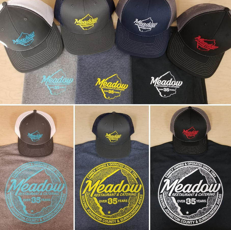 A collage of meadow hats and shirts on a table.