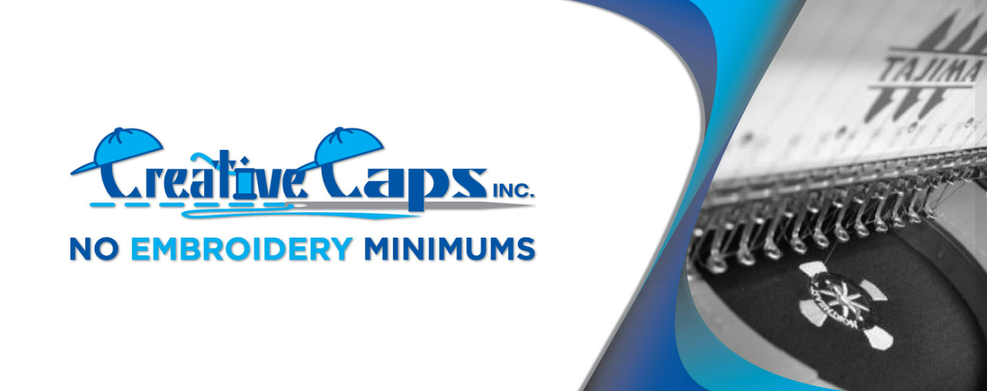 A blue and white banner for creative caps inc.