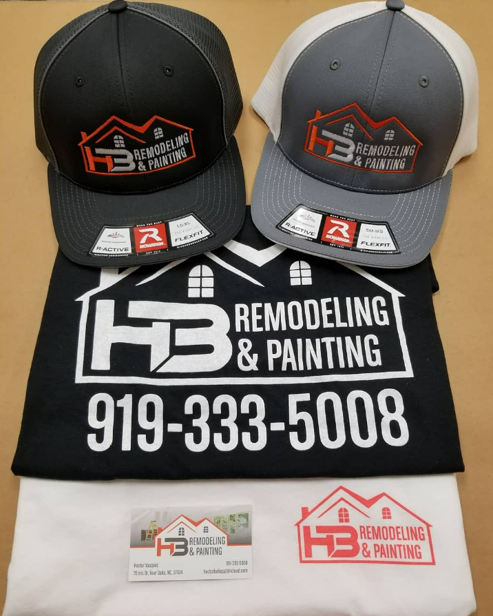 Two hats and a t-shirt for remodeling and painting.
