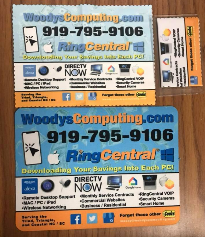 A woodys computing advertisement with a phone number.