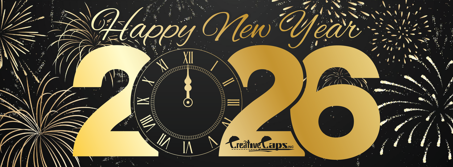 Happy New Year 2026 greeting on a black background with gold fireworks and clock.