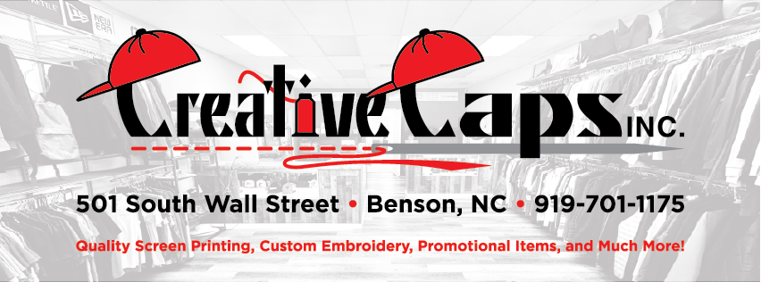 Logo for Creative Caps INC., a company offering screen printing, embroidery, and promotional items. Two red caps are featured. Text includes address and phone number.