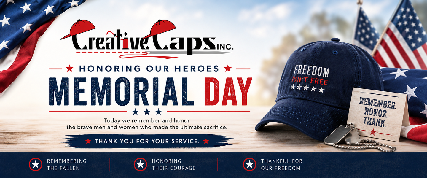 CreativeCapps Memorial Day banner with patriotic hats, U.S. flags, and red, white, and blue accents