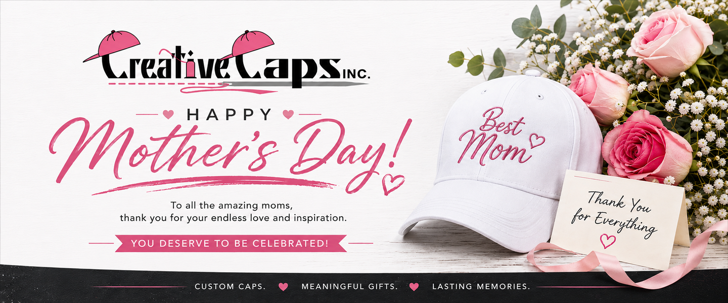 Mother’s Day promo banner with pink flowers, champagne, gift box, and “Happy Mother’s Day” text.