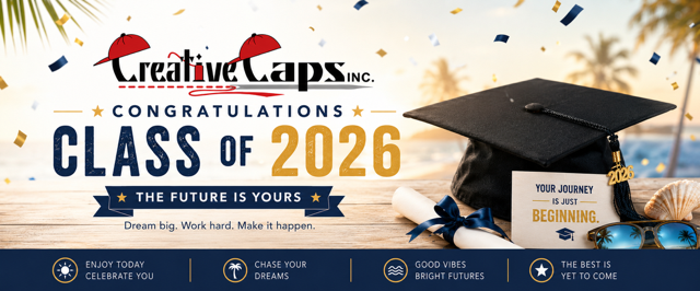 Creative Caps graduation banner with cap, diploma, confetti, and Class of 2026 banner