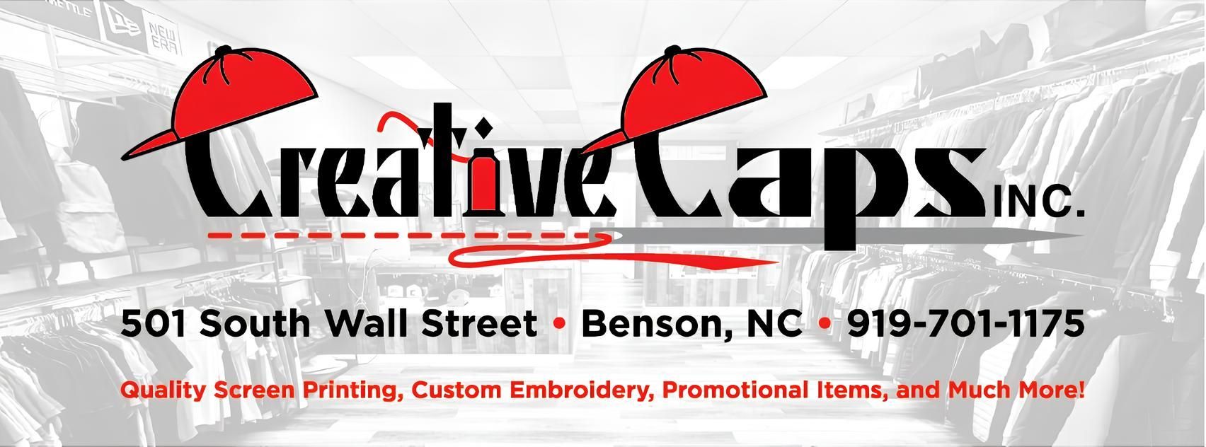Creative Caps Inc. logo with red umbrellas and contact info for Benson, NC.