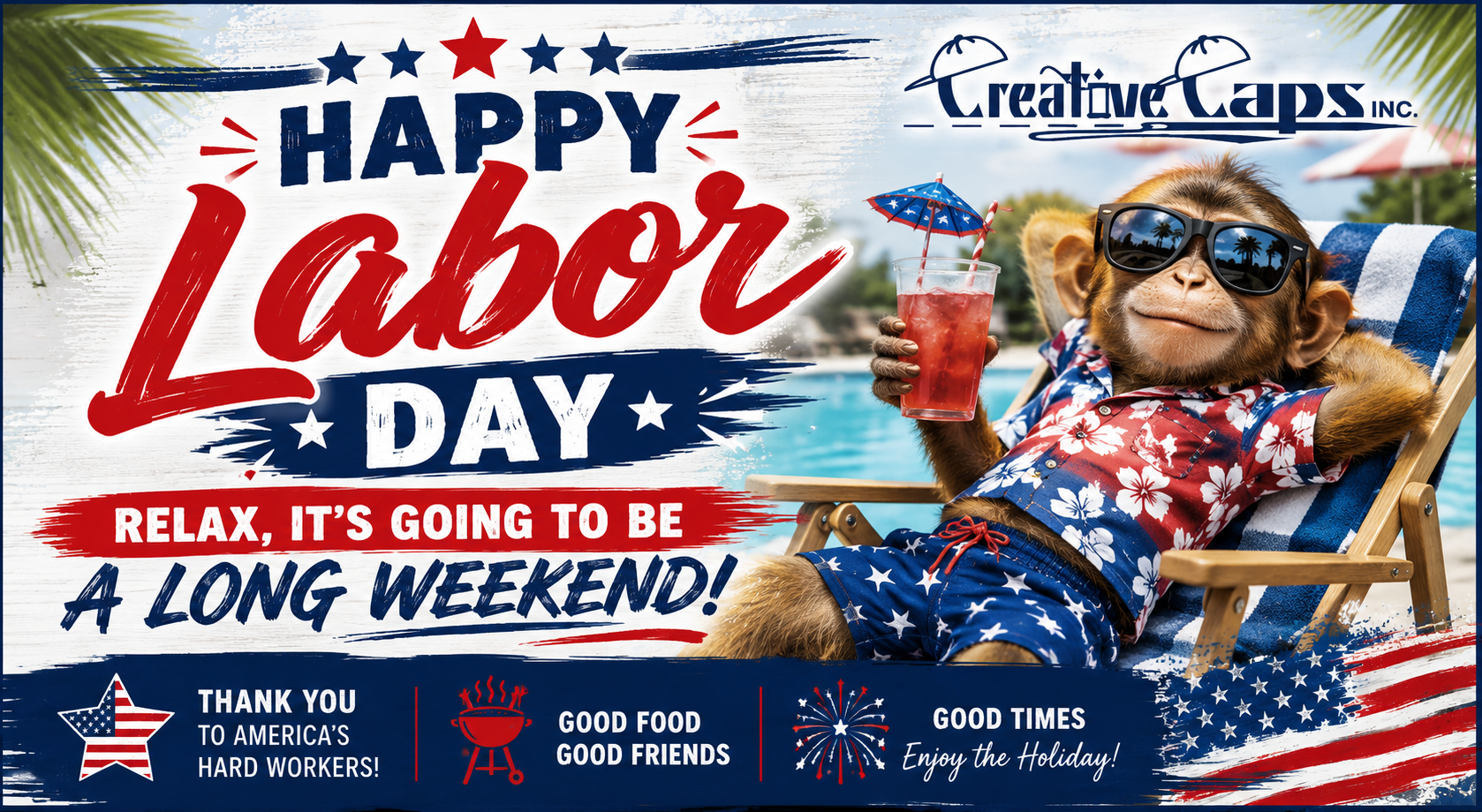 Happy Labor Day card with patriotic red, white and blue text, a smiling child in sunglasses, beach, and flags