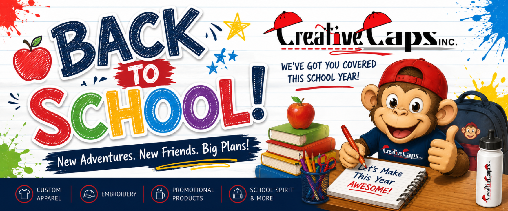 Back to school promo with smiling mascot, books, pencils, and bold blue text on a white background.
