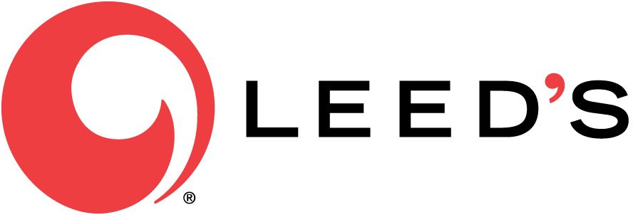 The Leed's brand logo, consisting of a red abstract swirl icon to the left of the black text 