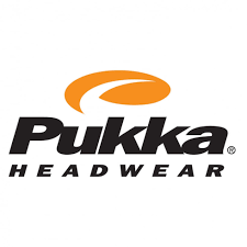 The Pukka Headwear logo featuring an orange swoosh symbol above the black text 