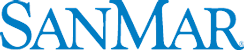 The SanMar company logo in blue serif font on a white background.