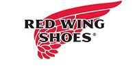 The Red Wing Shoes logo, featuring black text over a stylized, red wing graphic on a white background.