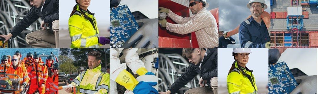 A montage of workers in industrial settings wearing safety gear like high-visibility jackets and hard hats.