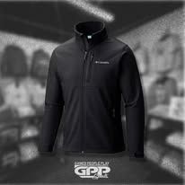 A black Columbia softshell jacket with a zipper chest pocket, centered above the GPP Sports logo.
