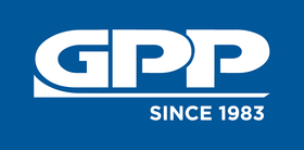 The GPP Sports logo with white, bold block lettering and a script font on a solid navy blue background.
