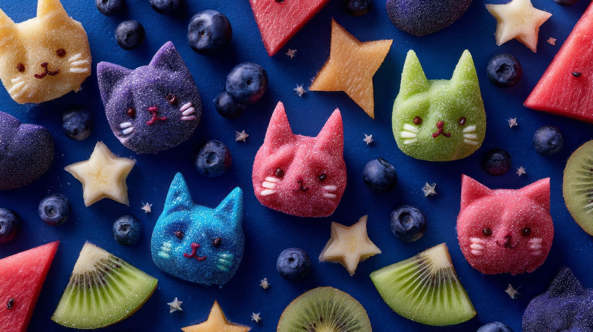 Colorful, childlike image of sliced kiwis and gummy cats