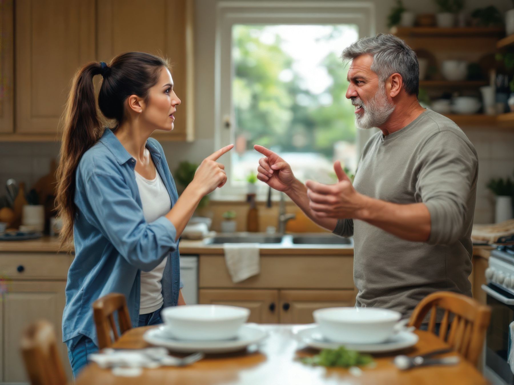 A man and a woman have a heated discussion in their kitchen, each pointing at the other.