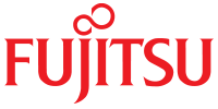 The red Fujitsu logo on a white background, featuring a stylized infinity symbol above the letter 'j'.
