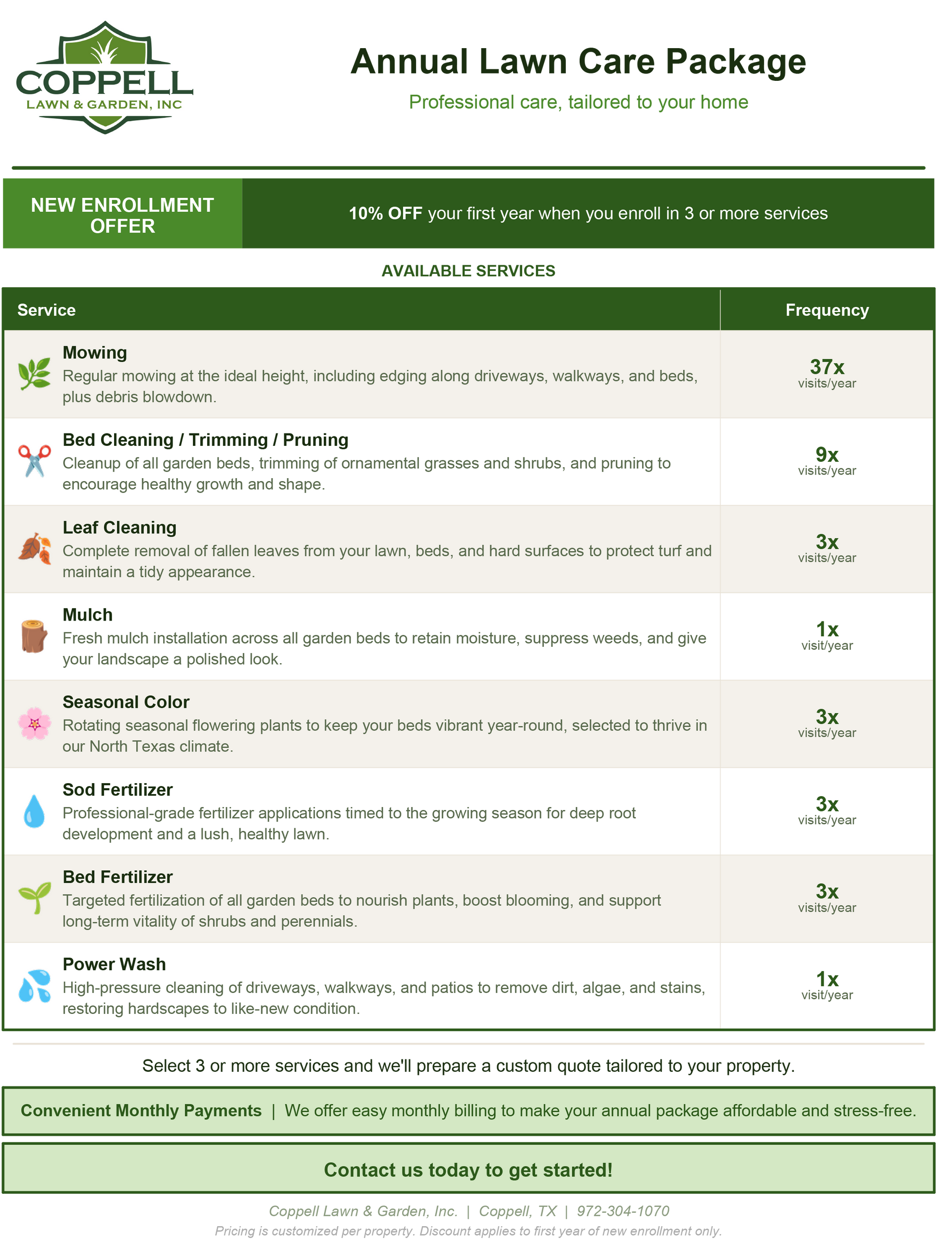 Annual Lawn Care Package flyer with green header and a list of lawn service plan options and prices