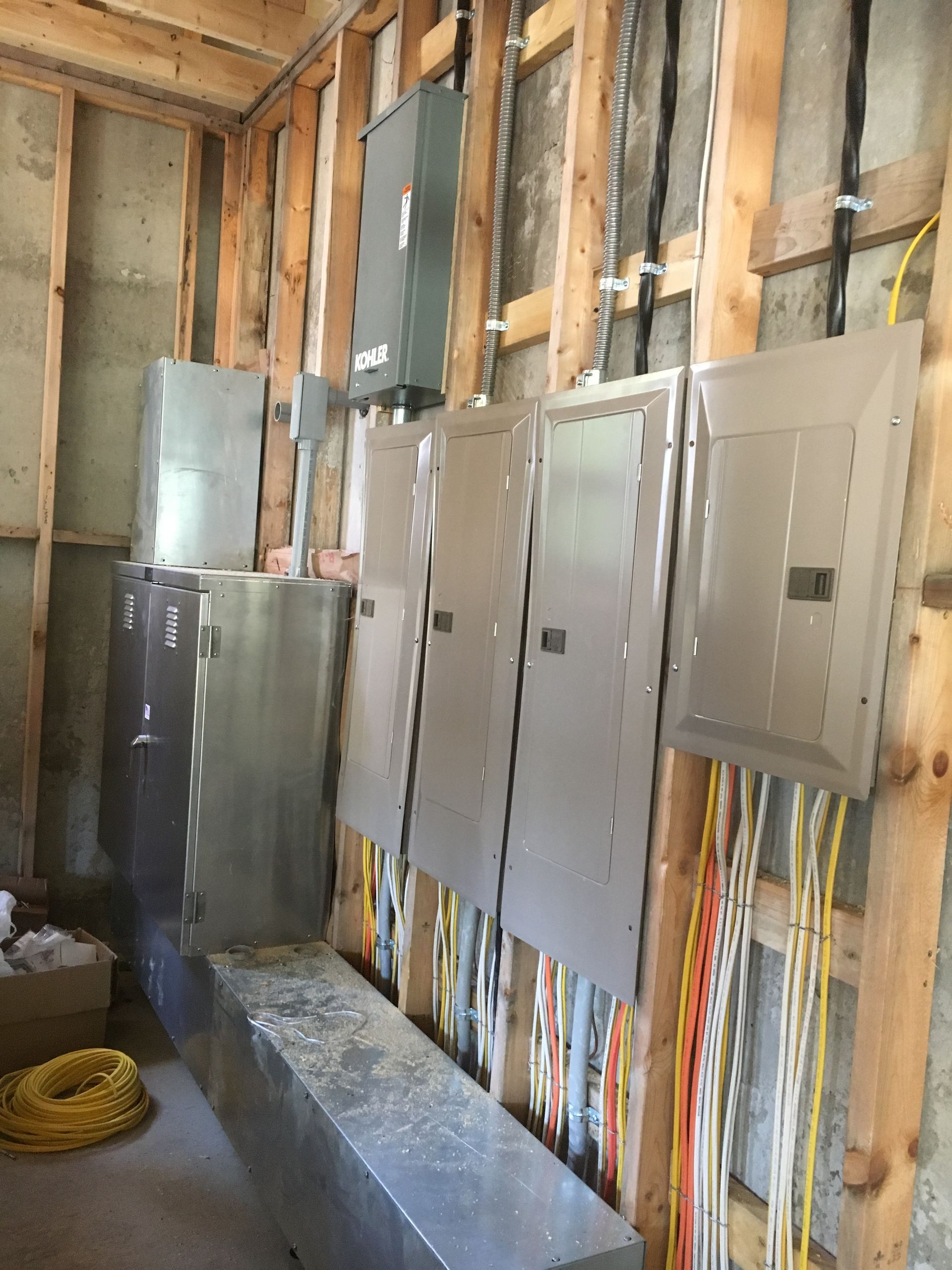 A room with a lot of electrical boxes on the wall