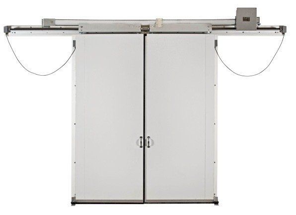 White double sliding doors, possibly for a cold storage unit, with overhead track and control box.
