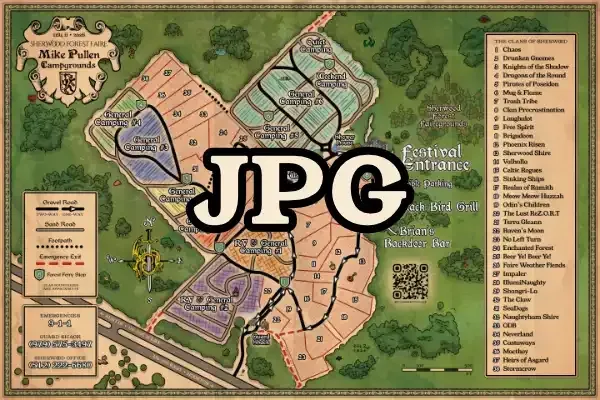 Map of Sherwood Forest Faire, with numbered sites, roads, and a festival entrance.