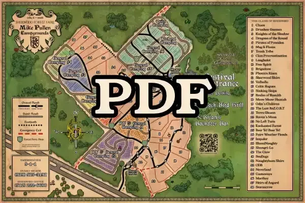 Map of Sherwood Forest Faire with PDF overlay.