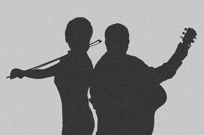 Silhouettes of two musicians, one bowing a violin and the other playing guitar, against a gray background