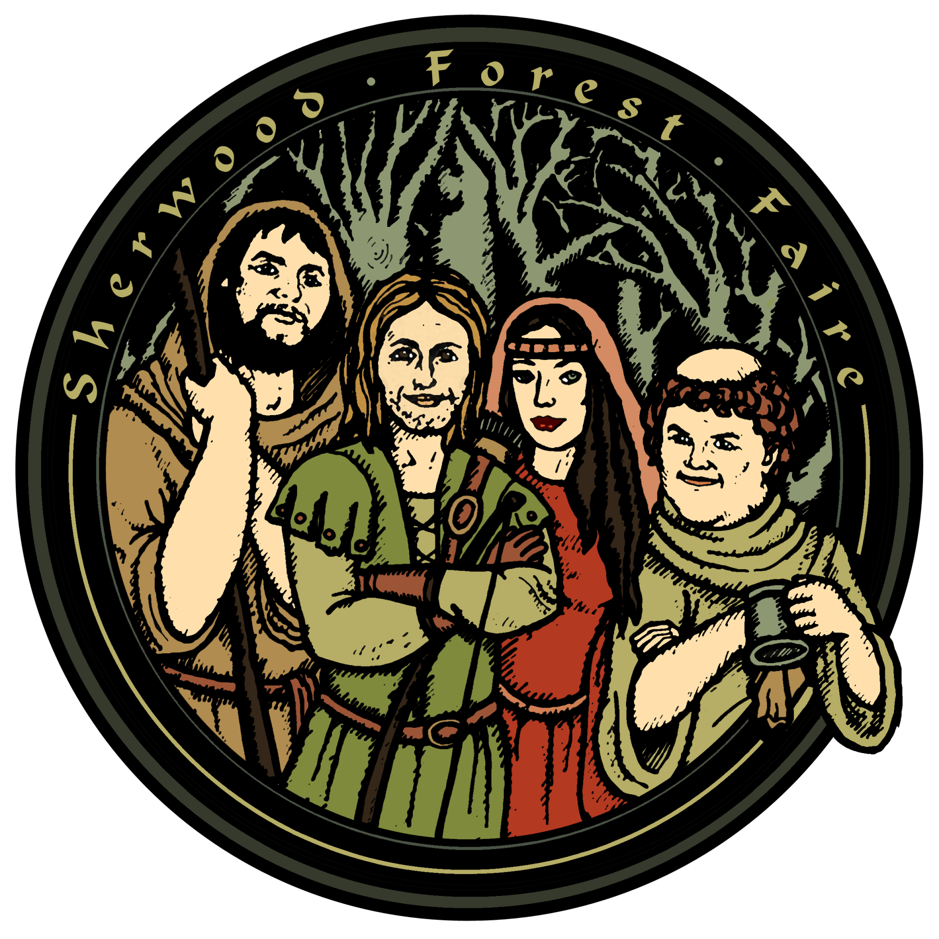 Sherwood Forest Faire logo: Four costumed figures, green and red clothing, with trees in the background. 
