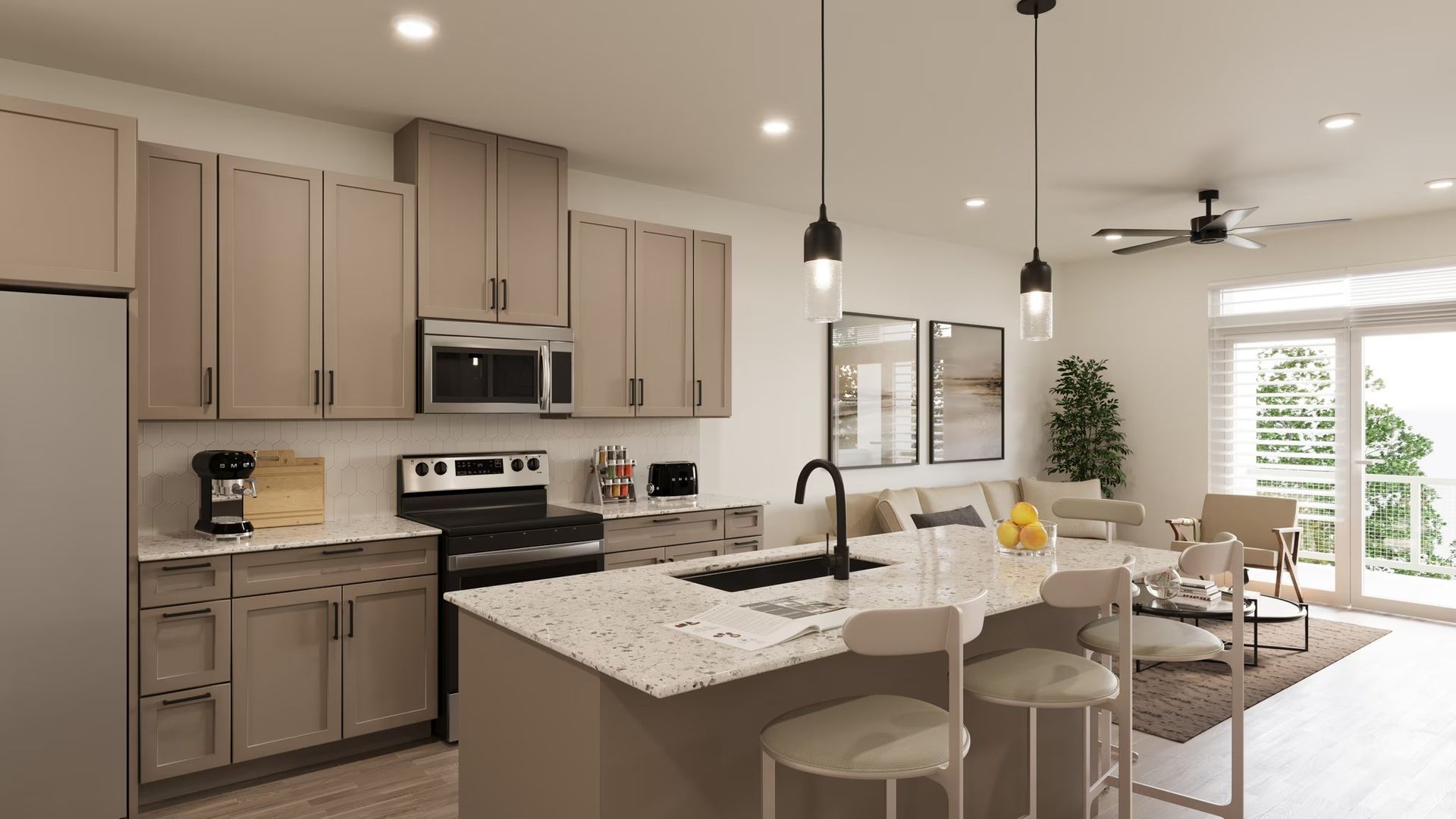 Modern beige kitchen with island, stools, pendant lights, and bright dining area by windows