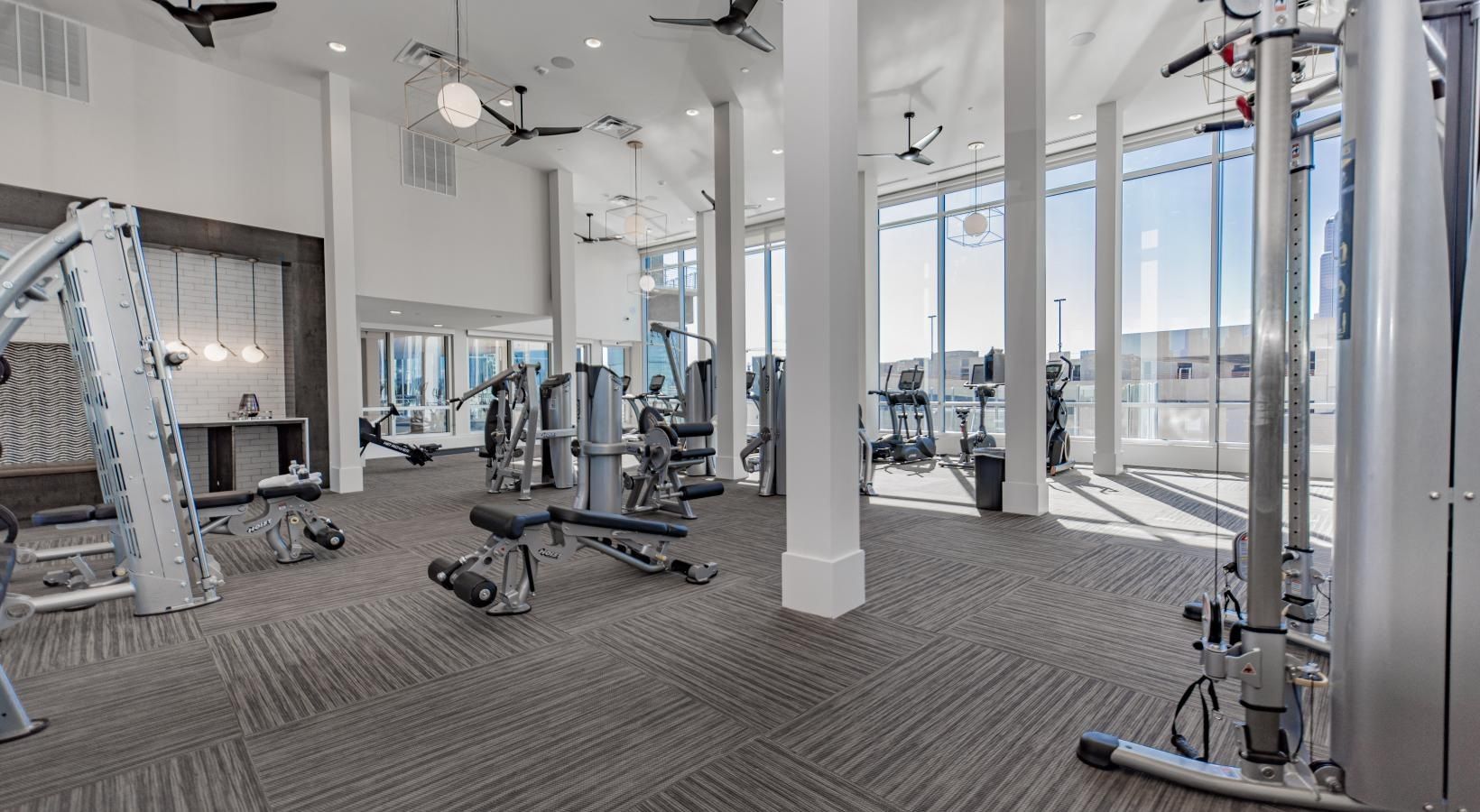 Bright modern gym with exercise machines, carpeted floor, and large windows overlooking a city view