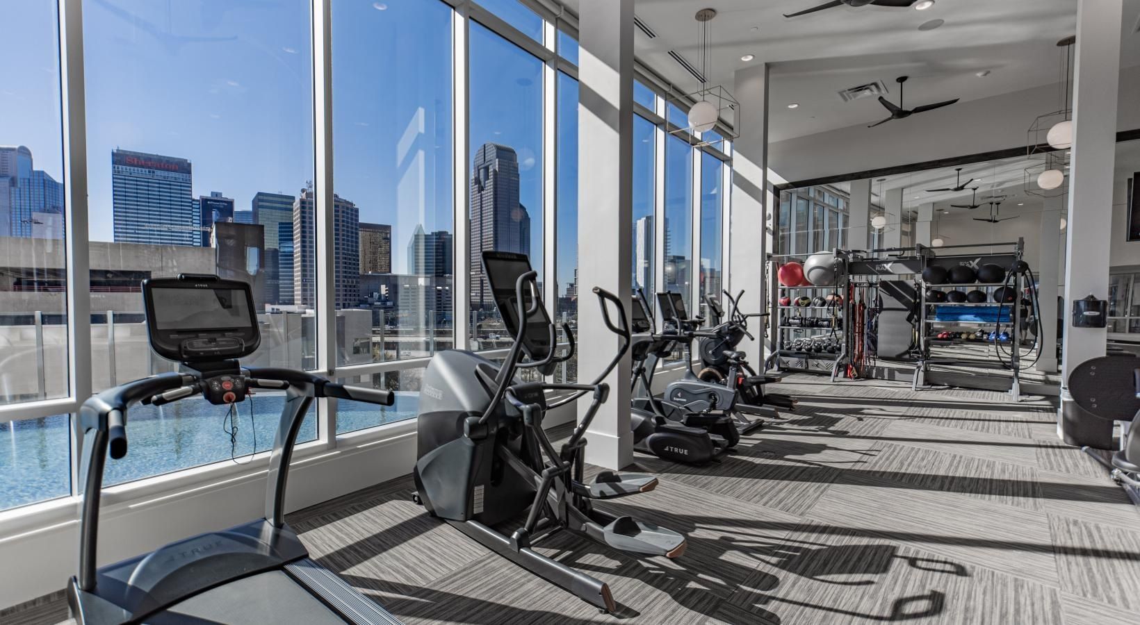 Bright modern gym with cardio machines and large windows overlooking a city skyline
