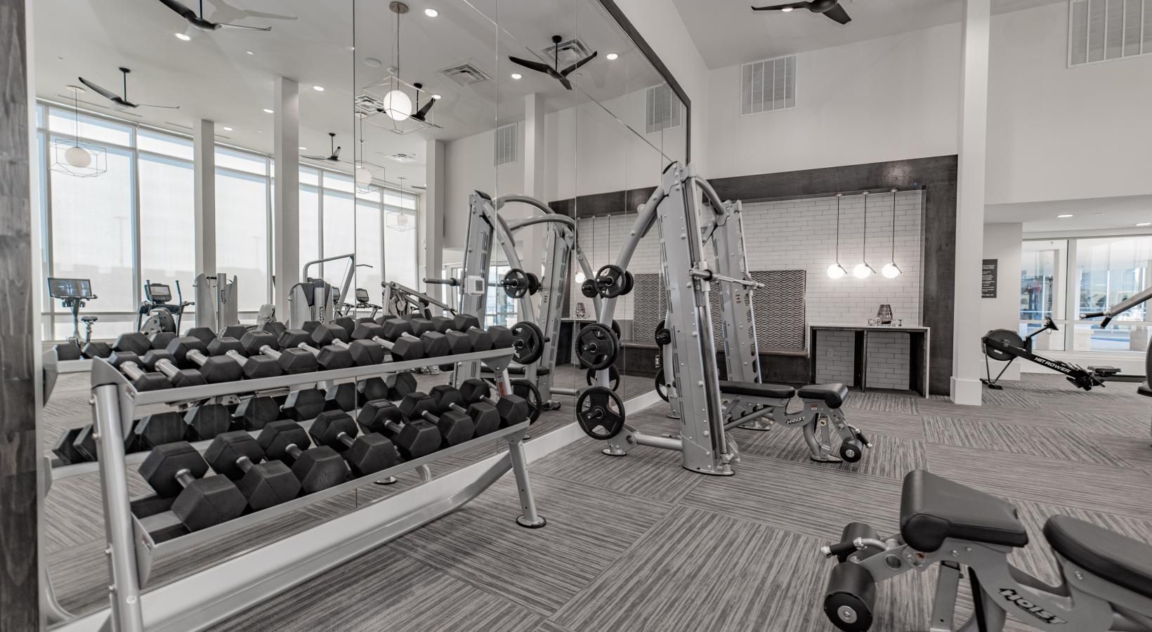 Modern gym with dumbbell racks, weight machines, and large windows in a bright workout room