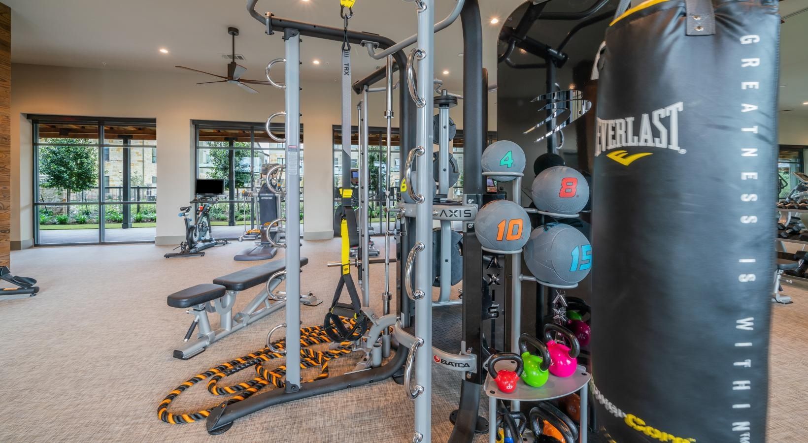 Home gym with cable machine, punching bag, exercise balls, weights, and bench near large windows