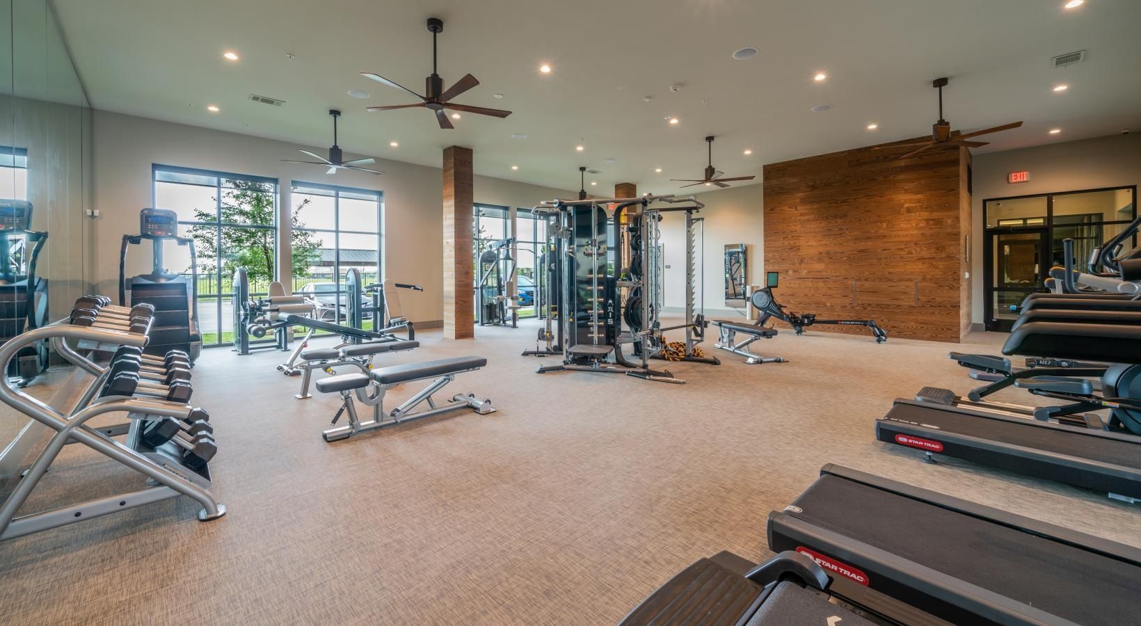 Spacious gym with treadmills, weight machines, and large windows under bright ceiling lights