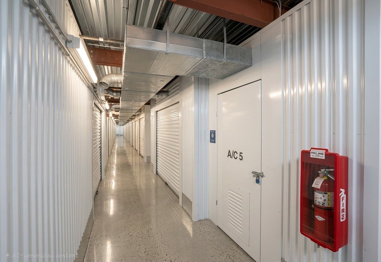 Long storage corridor with white doors, exposed ceiling ducts, and a red fire extinguisher.