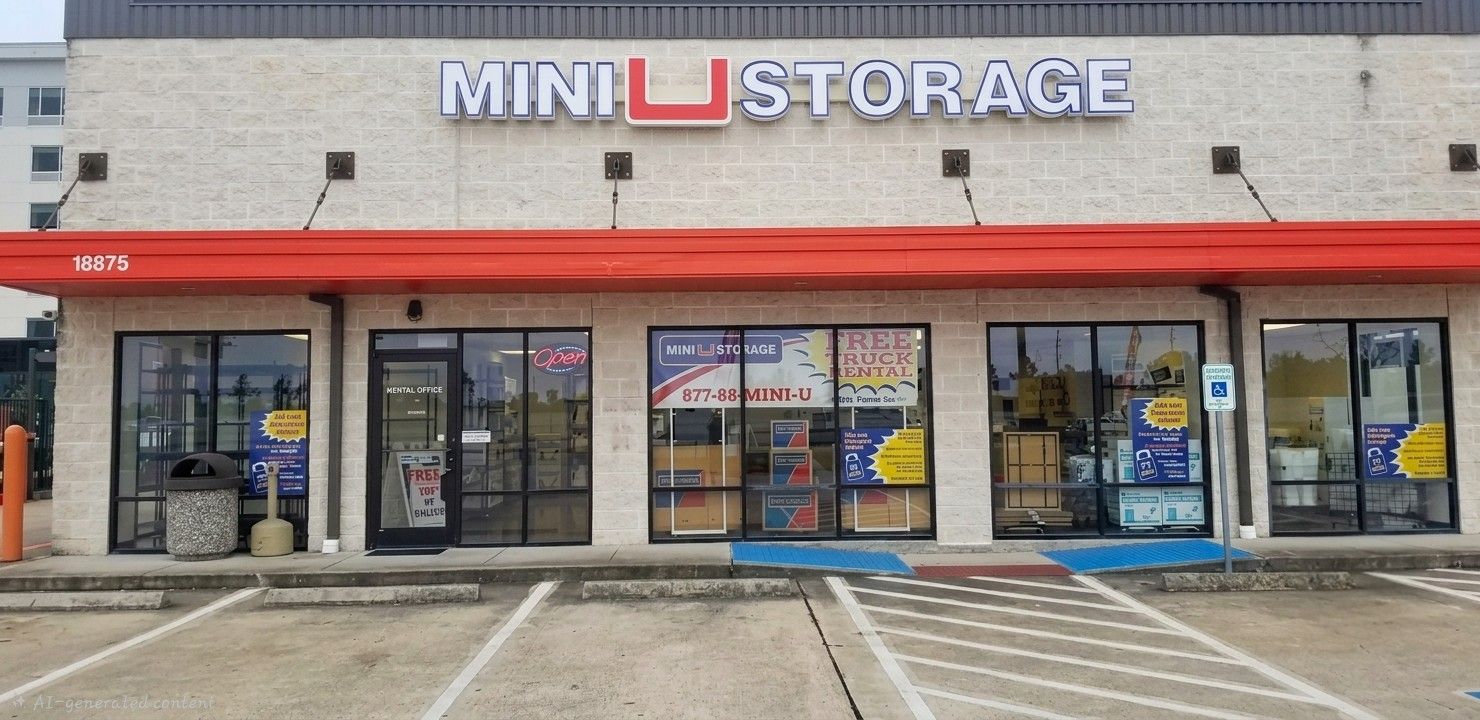 Mini U Storage storefront with glass doors, red awning, and parking spaces in front