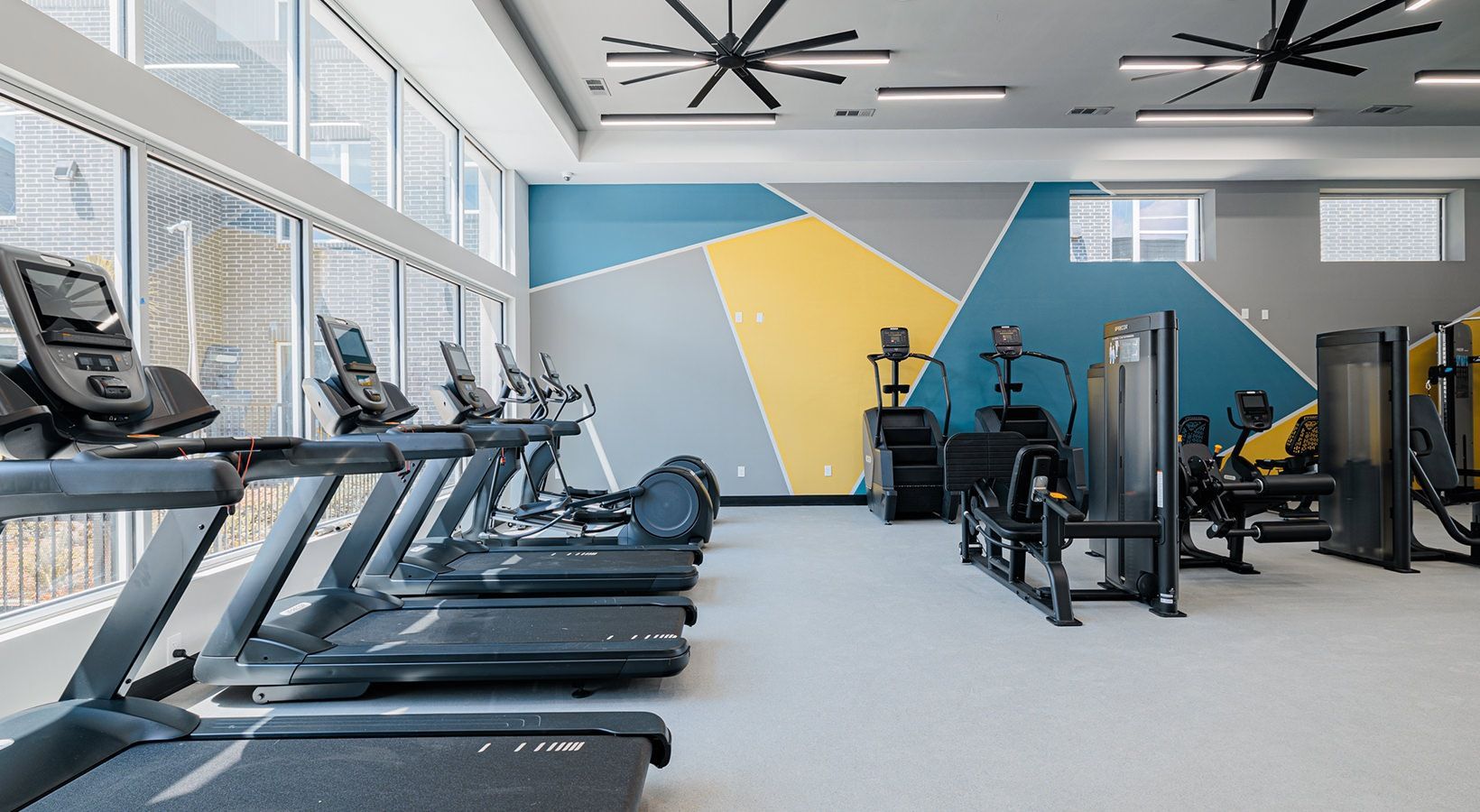 Bright modern gym with treadmills, exercise bikes, and weight machines against a blue and yellow wall
