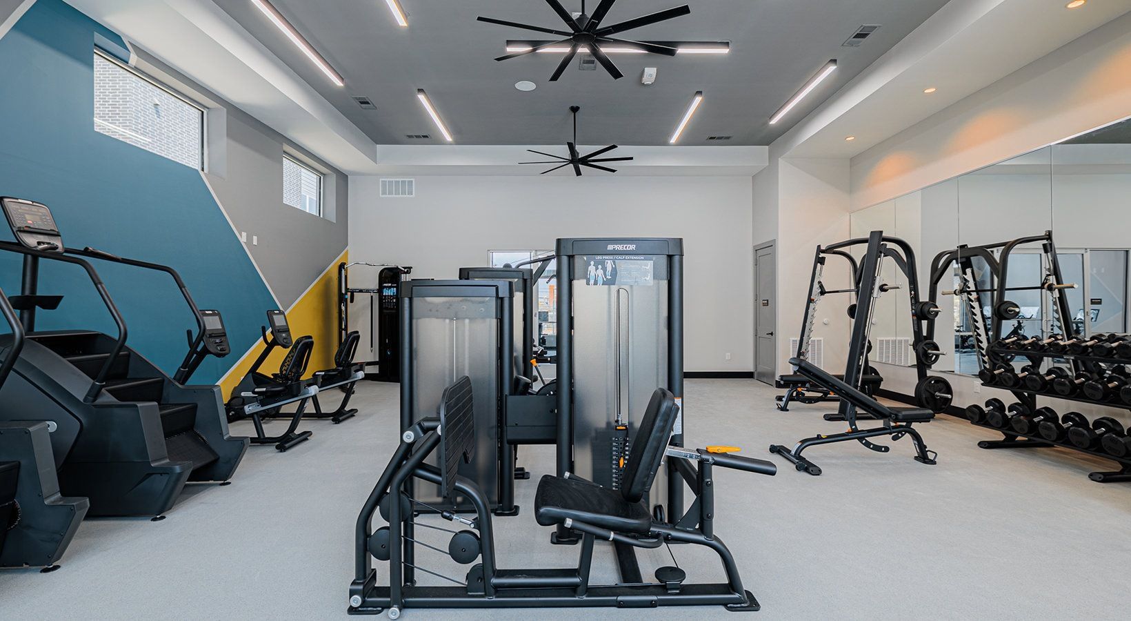 Modern home gym with weight machines, benches, and cardio equipment in a bright room.