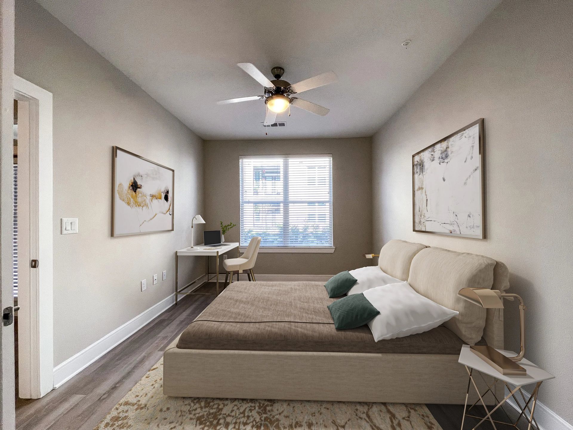 Modern bedroom with a bed, desk, ceiling fan, and two windows in neutral tones
