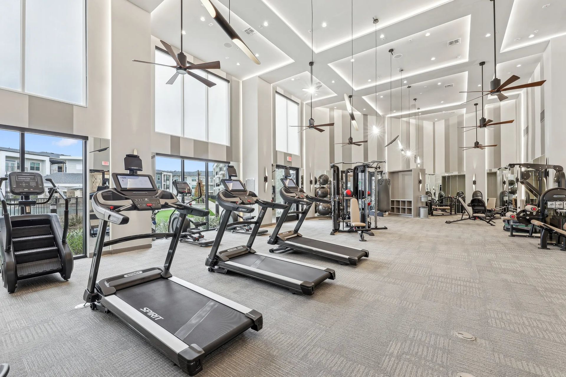 Modern gym interior with treadmills, cardio machines, and tall windows