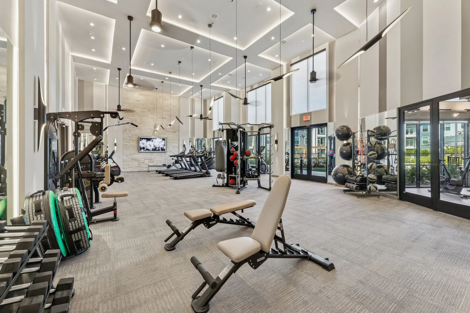 Modern gym interior with weight machines, benches, and large windows