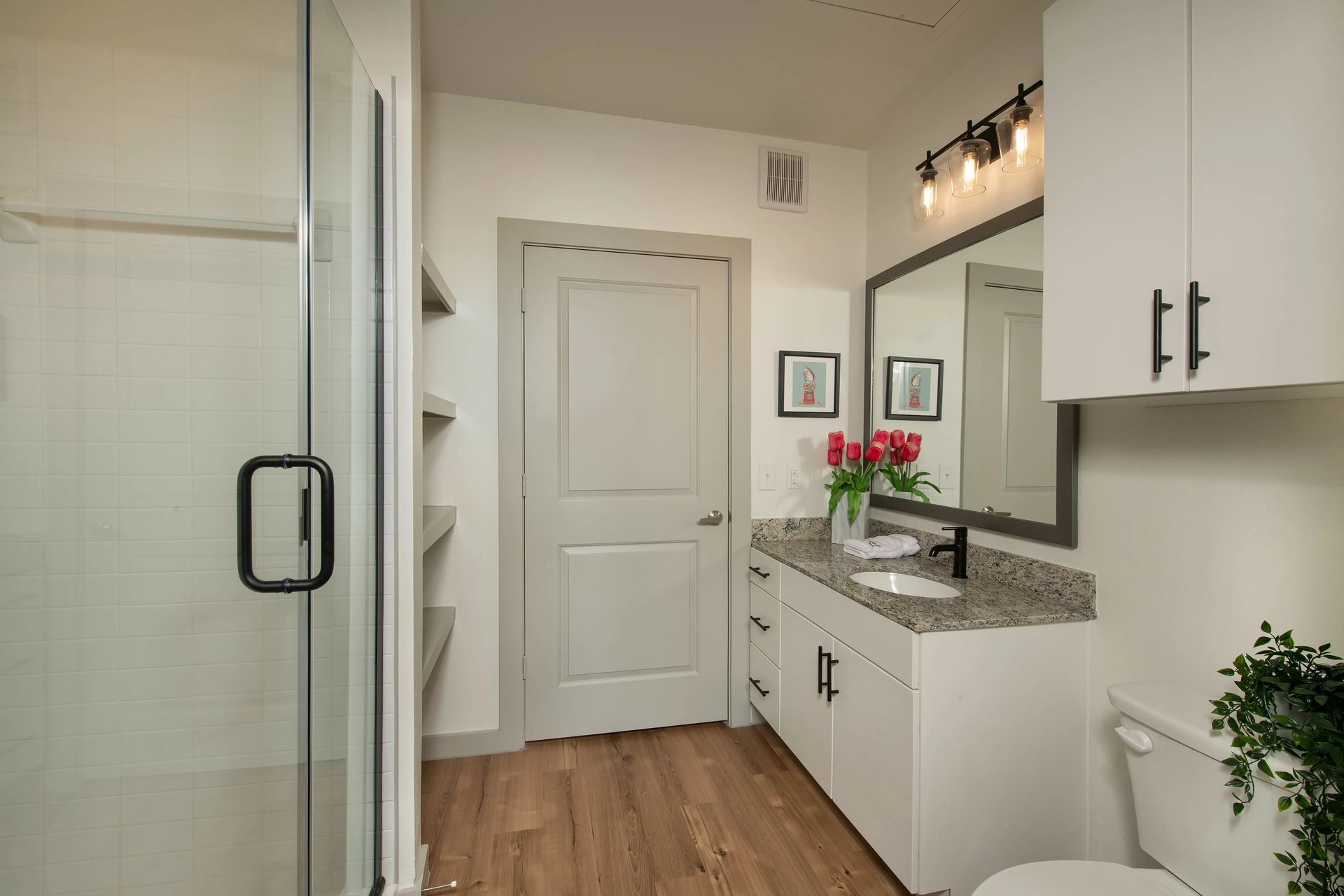 Modern bathroom with glass shower, vanity, mirror, and white door on wood floor