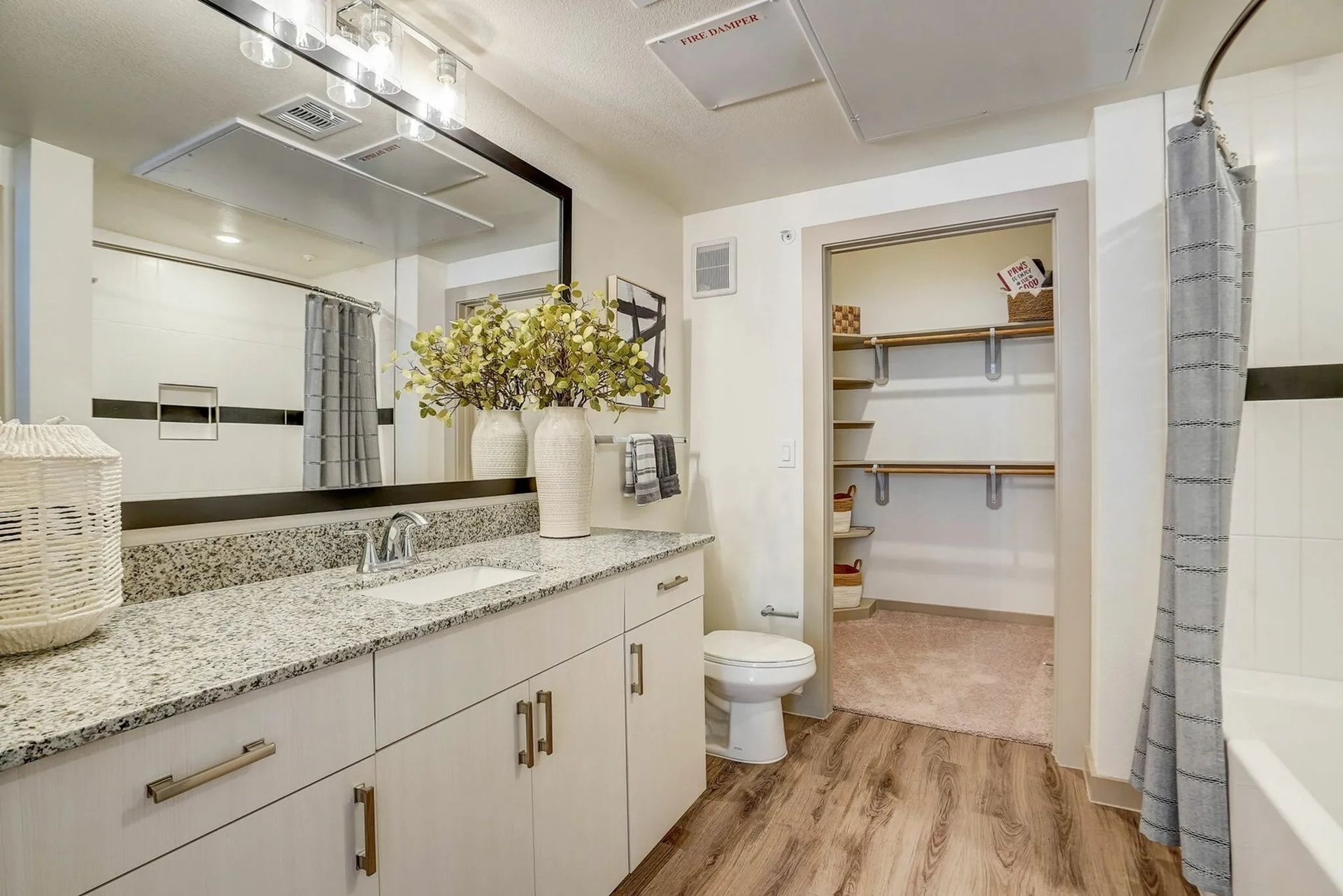 Bright bathroom with granite vanity, mirror, and open doorway to a closet with shelving
