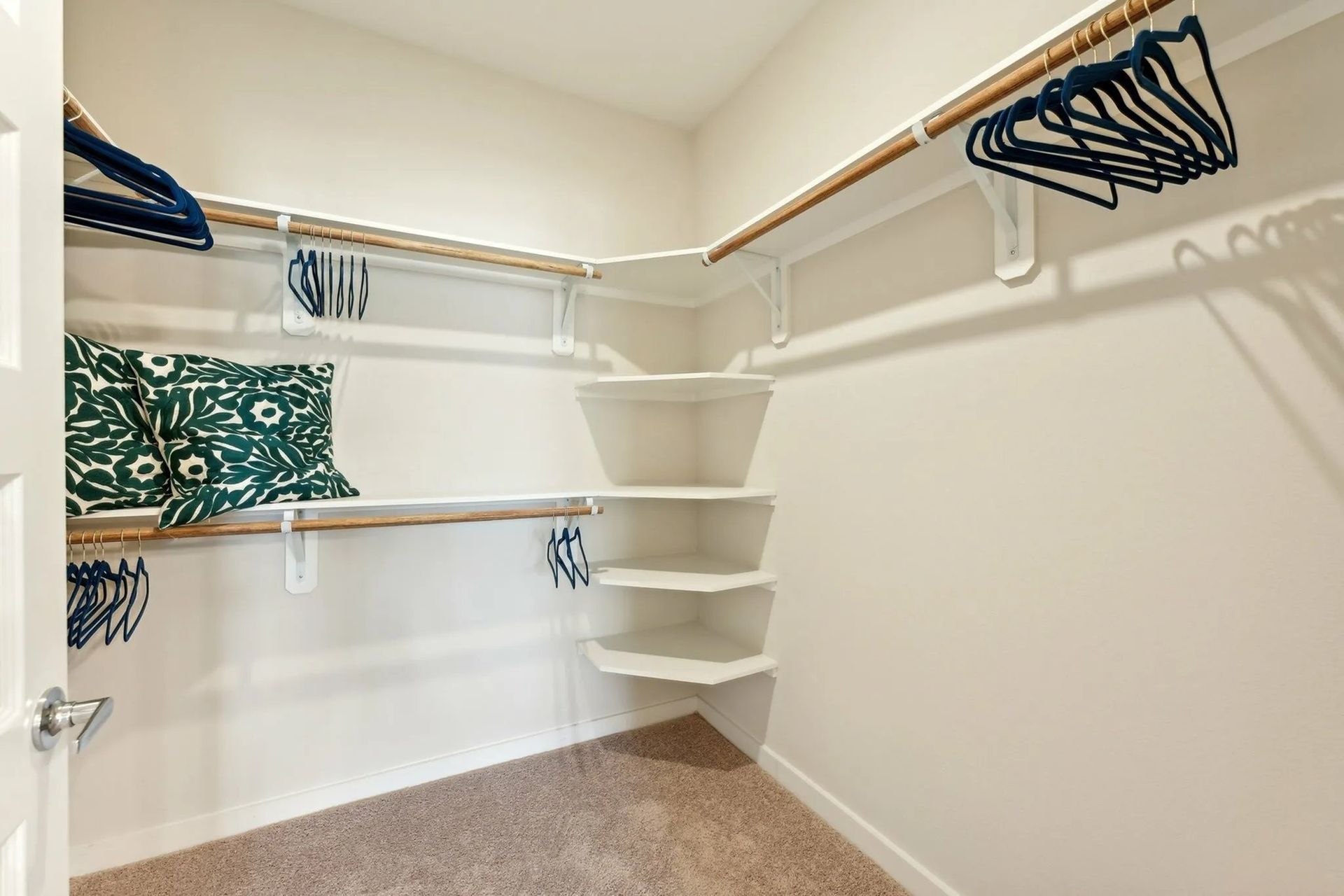 Empty walk-in closet with white shelves, hanging rods, and beige carpet.