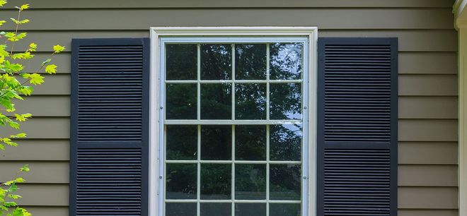 A window with dark brown shutters on beige horizontal siding, with a bit of green foliage on the left.