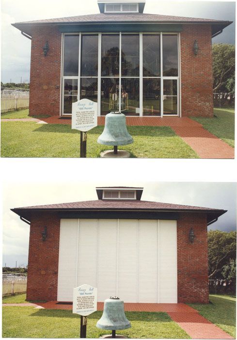 Two views of a brick building with a bell. Top: Glass front. Bottom: White panel front. Green lawn.
