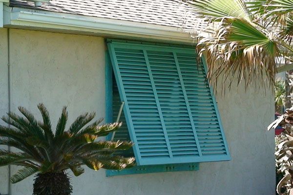 Aqua-colored shuttered window on a light-colored stucco house with a palm tree in the foreground.