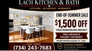 Lach Kitchen & Bath ad: end-of-summer sale, $1,500 off kitchen remodeling, showroom photo, phone number shown