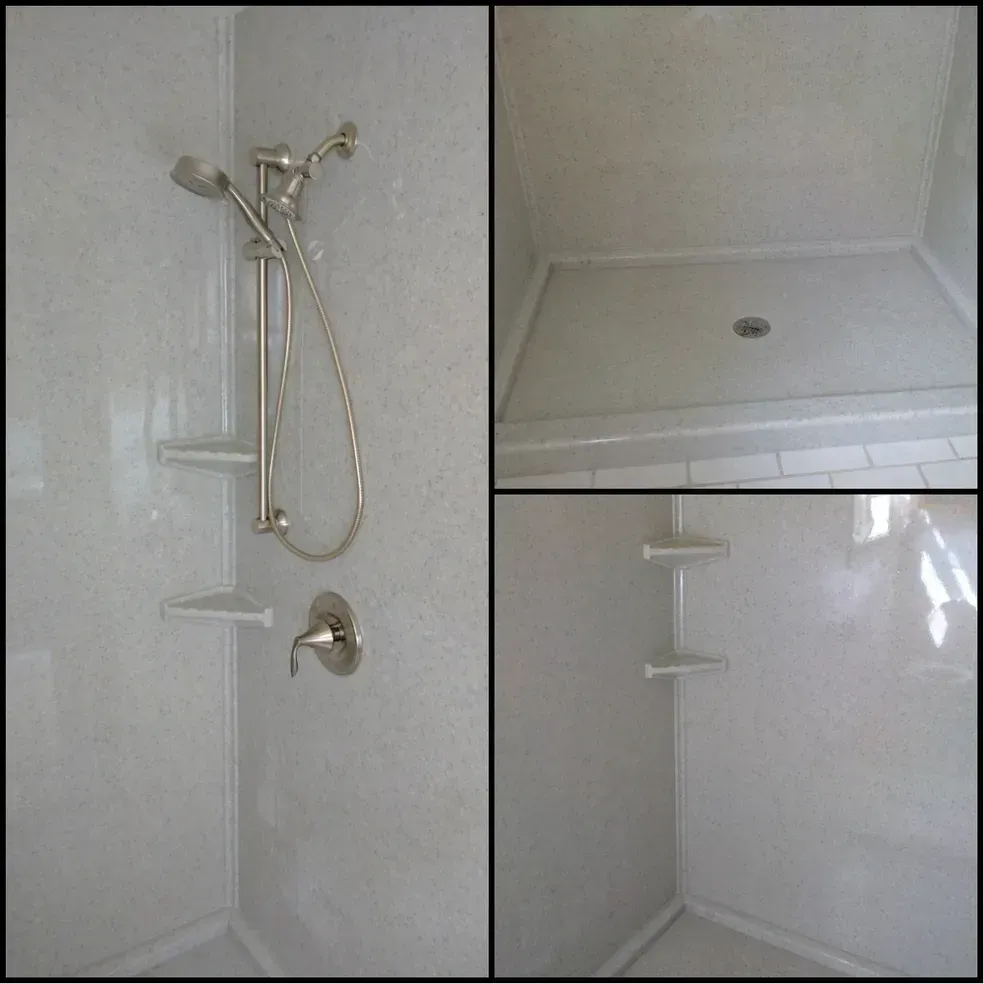 A collage of a modern shower stall with light beige wall panels, a handheld shower head, control handle, and corner shelves.